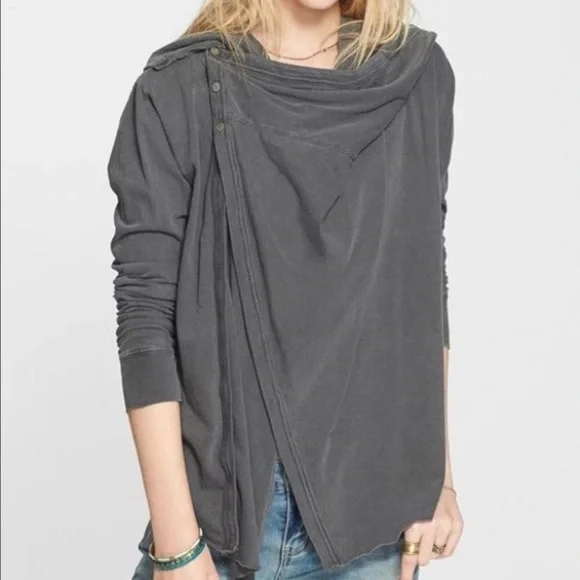 Free People Bond Cardigan Oversized Drape Wrap Hooded Sweater | Gray | Size M - Picture 4 of 15